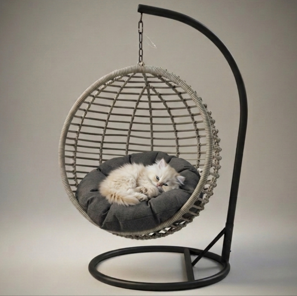 Gray Wicker Handmade Hanging Swing Egg Pet Bed with Stand Bohemian Minimalist!